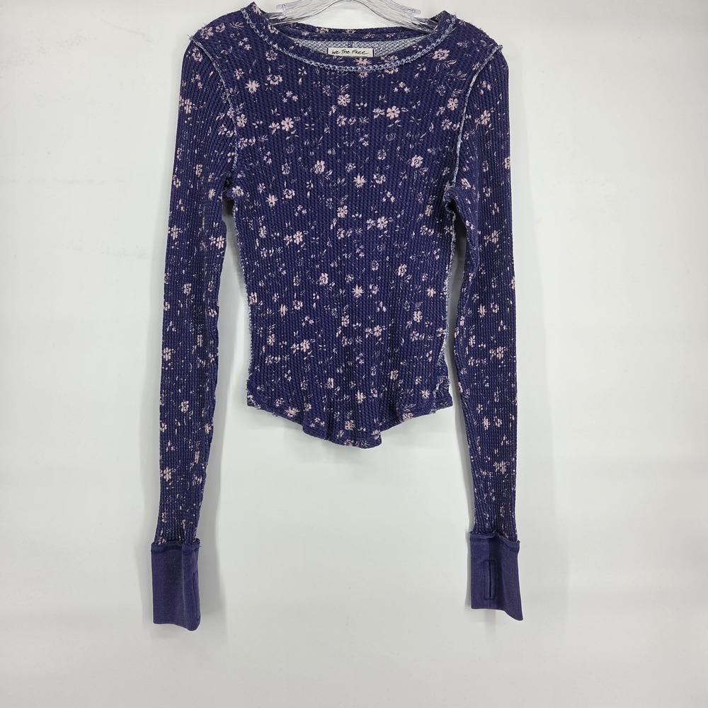 We The Free Thermal Top Small Purple Floral Waffle Knit Boho Cottagecore Top